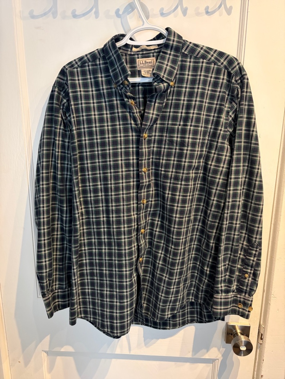 L.L. Bean Men's Dark Green and Navy Plaid Button-Down Shirt